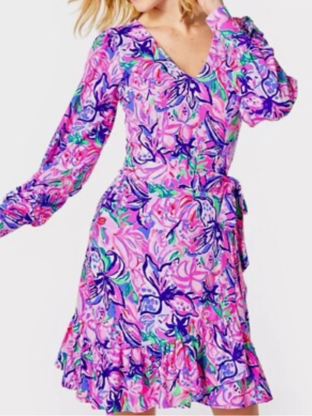 Lilly Pulitzer Pink & Purple Floral V-Neck Long-Sleeve Wrap Dress